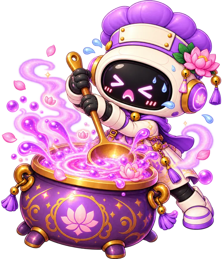 Faye sweating as she brews a glowing bowl of Destiny Soup